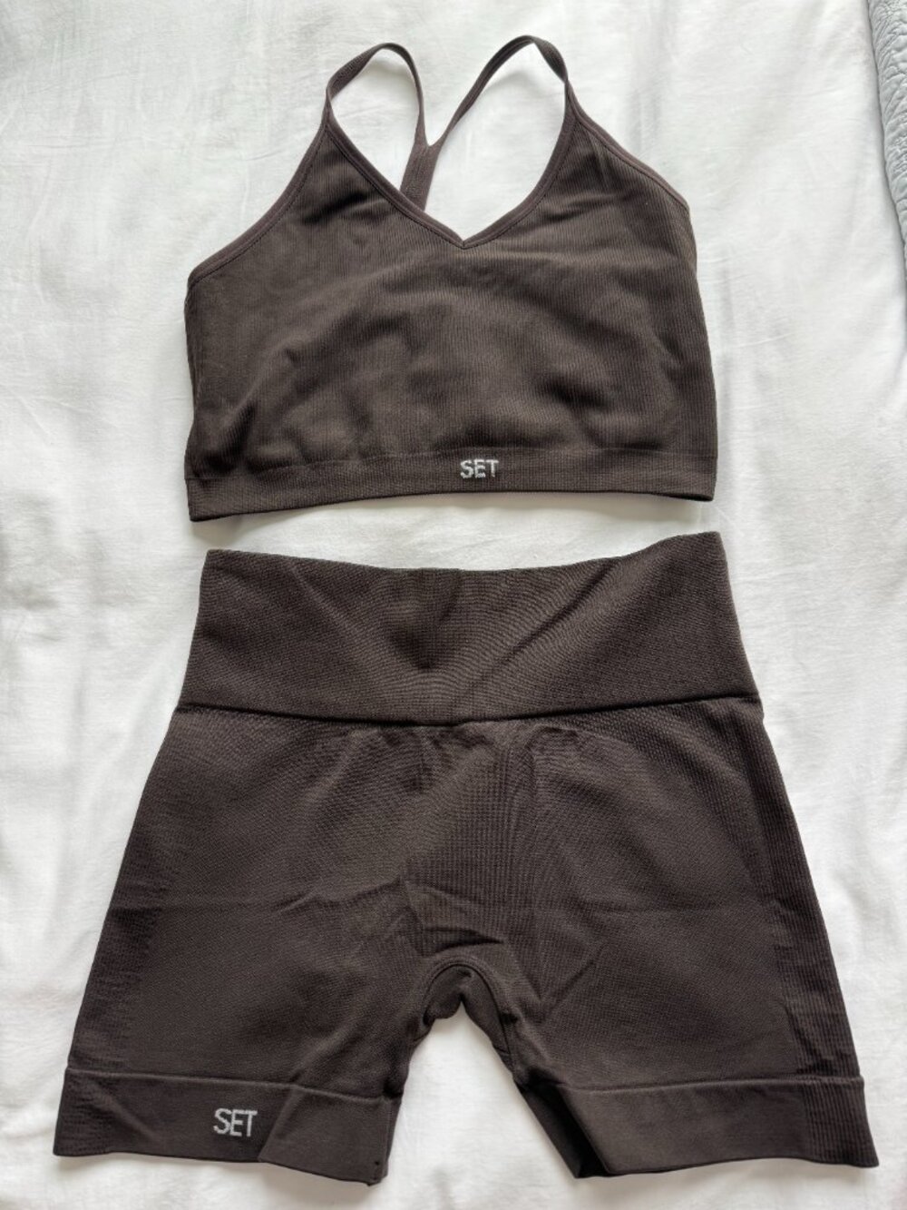 SET Active Sculptflex Ribbed Bra + Bike Shorts Set – Chocolate Brown